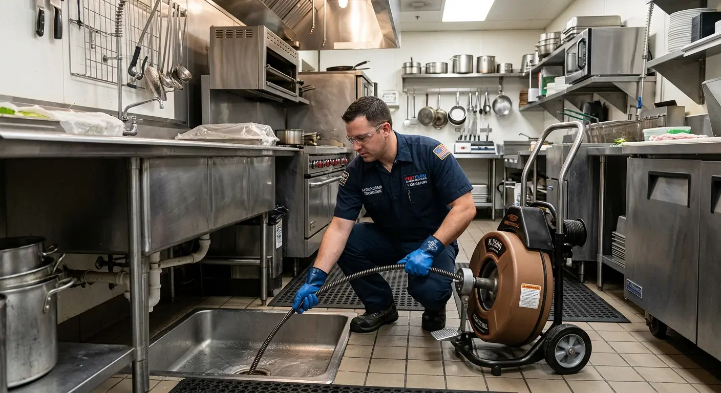 Commercial drain cleaning service in a restaurant kitchen in Superior