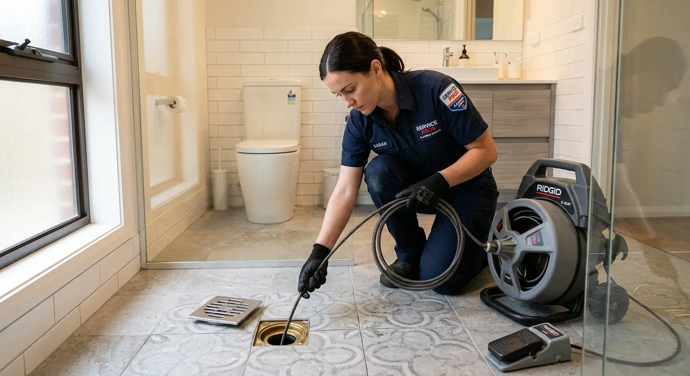 Technician clearing a bathroom floor drain for Sewer Line Installation in Superior